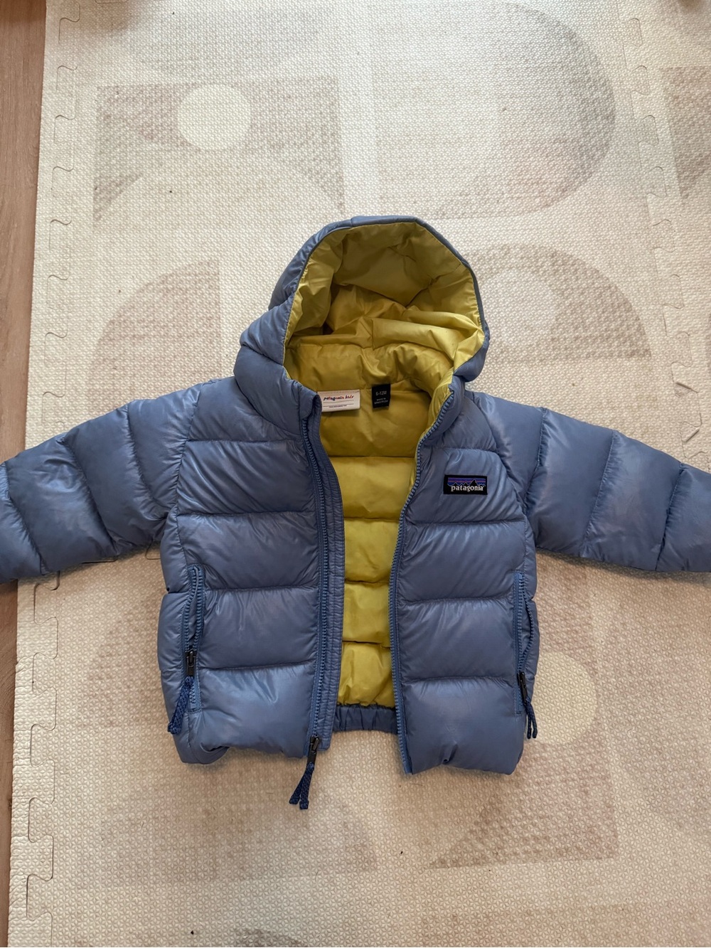 Patagonia Kids Blue Puffer Jacket with Yellow Interior